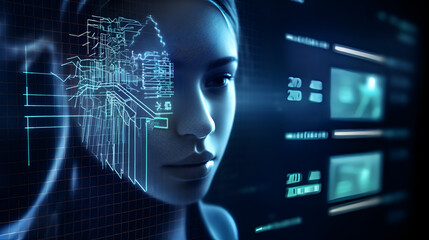 Holographic digital blueprint overlaying a futuristic woman's face, Advanced facial recognition with holographic digital elements, Digital Woman


