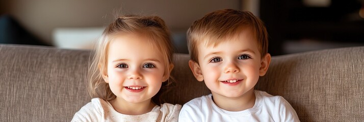 young happy children having fun sitting on couch both in full focus. sharpened photo 