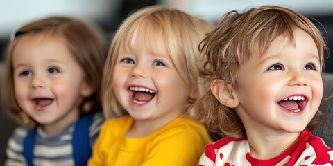 young happy children having fun sitting on couch both in full focus. sharpened photo 