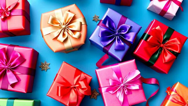 Colorful gift boxes wrapped in red, blue, and cream, each adorned with matching ribbons, are arranged on a bright blue background. The festive arrangement with loose ribbons on the side suggests a cel