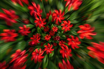 Whirling abstract pattern of red flowers with a blurred motion effect against a green background