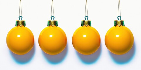 Festive yellow glossy ornaments isolated. Cheerful baubles as Christmas decorations. Shiny spheres as bright holiday decor, minimalistic style, perfect for classic designs.