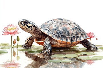 Obraz premium A turtle standing on lily pads near pink lotus flowers in a serene water setting.
