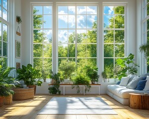 Fototapeta premium Sunlit living room with large windows, plants, and comfy sofa.