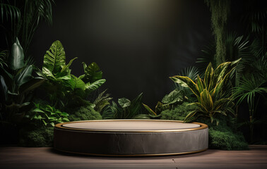 In the very heart of the dense jungle, there exists a solitary podium that is completely surrounded by a thriving array of lush green plants and foliage, creating a stunning natural setting