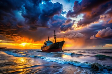 Naklejka premium Shipwreck Silhouette, Black Sea Storm, Gelendzhik, Russia, January 19, 2019