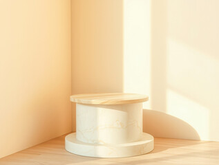 sunlit cylindrical pedestal with wooden top marble base