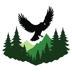 Obraz premium Vector silhouette of a soaring eagle flying above a lush forest landscape with tall pine trees and a distant mountain range,