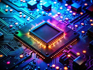 Fototapeta premium Silhouette Closeup of Glowing Computer Chip on Circuit Board