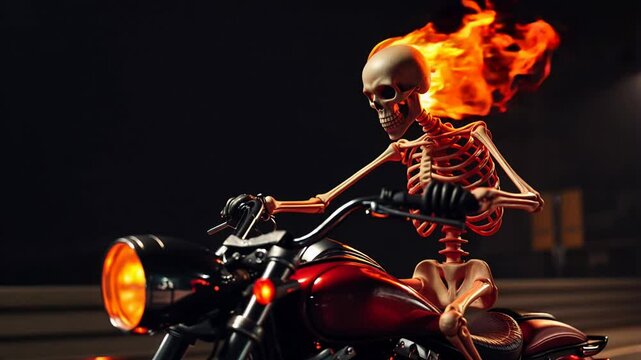 A flaming skeleton rides a motorcycle through the night, engulfed in fire. The dark background enhances the dramatic effect, creating a thrilling and intense atmosphere