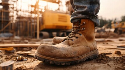 Close-Up of Construction Worker Boots During Outdoor Project