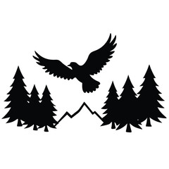 Fototapeta premium Vector silhouette of a soaring eagle flying above a lush forest landscape with tall pine trees and a distant mountain range,
