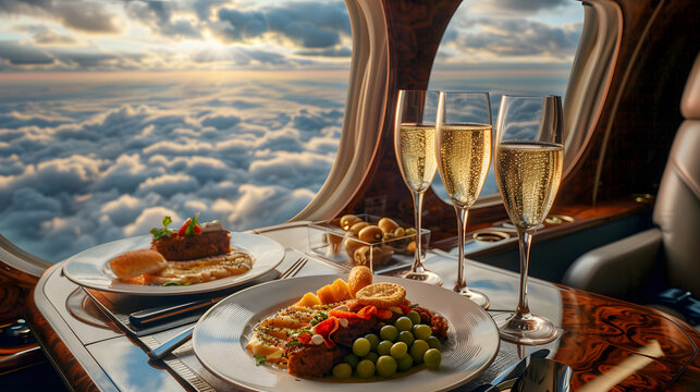 Plate with delicious food and champagne on a private jet, with the window seat offering a breathtaking view of the clouds below