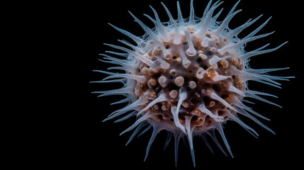 Close-up of a glowing virus model with intricate details, symbolizing norovirus, representing health risks and medical research concepts.