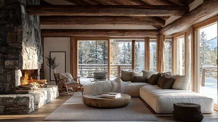 Fototapeta premium Cozy winter living room mountain retreat interior design modern warmth