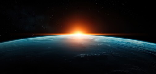 Fototapeta premium A stunning view of Earth from space, showcasing a vibrant sunrise above the horizon, illuminating the planet's atmosphere.