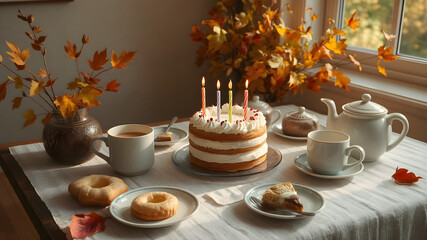 Breakfast table hot coffee birthday cake with candles some pastries autumn ambient daylight warm sunlight