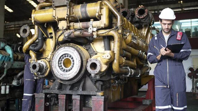Technicians work at train engine repair shop. Machinery and engineering.