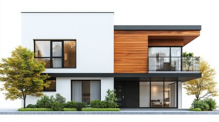 Modern house with minimalist facade. Contemporary design combines wood, glass, and sleek lines. Residential building cutout, geometric structure, ideal for real estate usage.