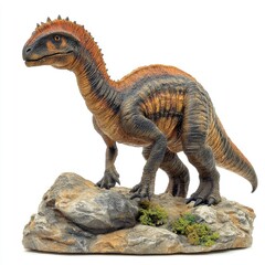Fototapeta premium A detailed dinosaur figurine standing on a rock, showcasing its vibrant colors and textures.