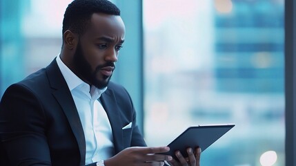 Fototapeta premium Black Businessman Engaged in Discussion While Holding Tablet