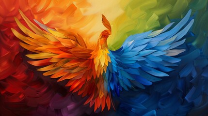 Fototapeta premium A vibrant, multi-colored phoenix with orange and blue feathers takes flight against a swirling rainbow background, symbolizing rebirth and transformation.
