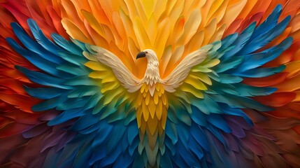 Obraz premium A stunning paper art representation of a colorful bird with vibrant wings, showcasing a gradient of hues from warm orange to cool blue.