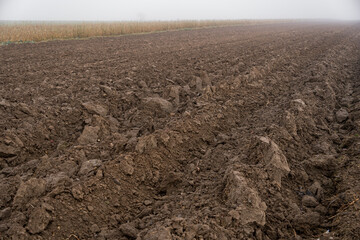 Empty plowed ground at the end of autumn season