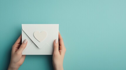 Obraz premium A person holds a white envelope with a heart decoration against a teal background, suggesting an invitation or heartfelt message.