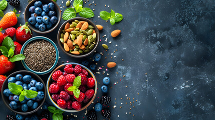 Selection of healthy food. Superfoods, various fruits and assorted berries, nuts and seeds