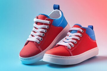 Red and Blue Sneakers on Pink Background