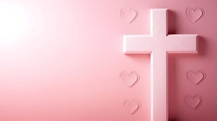 Obraz premium Pink Wooden Cross with Embossed Hearts Background