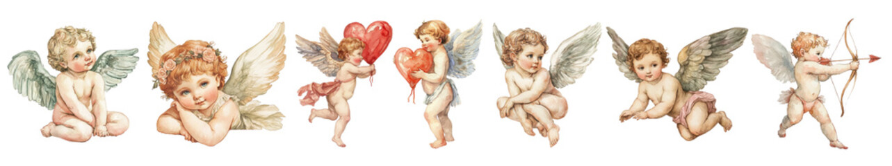 PNG Vintage cherubs with angelic wings, isolated element set, transparent background