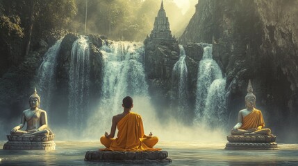 Monk meditating before Buddha statues and waterfalls