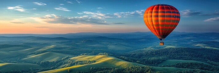 Fototapeta premium Hot Air Balloon Soaring Over Scenic Mountain Landscape at Sunset