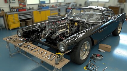 Fototapeta premium A classic car undergoing restoration in a workshop, showcasing its open engine and tools.