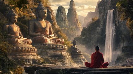 Monk meditating before Buddha statues and waterfalls