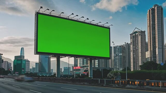 A large, vibrant green screen billboard dominates the urban landscape.