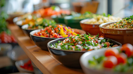Table filled with bowls of different types of food. Suitable for food blogs or restaurant menus