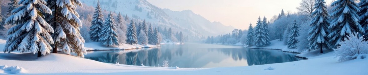 Obraz premium Frosty forest landscape with snow-covered trees and a frozen lake, scenery, frozen, lake