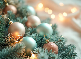 pastel-colored spheres on evergreen branches