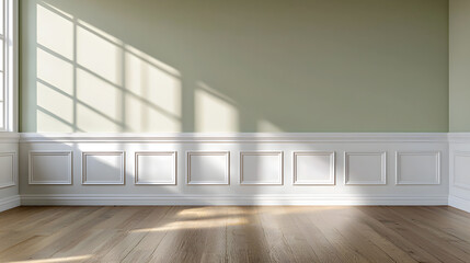 smooth plaster wall in soft sage green complements bright, airy room with elegant wainscoting and warm wooden flooring, creating serene atmosphere