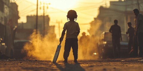 Street Cricket at Sunset Young Player in Action Amidst Urban Atmosphere