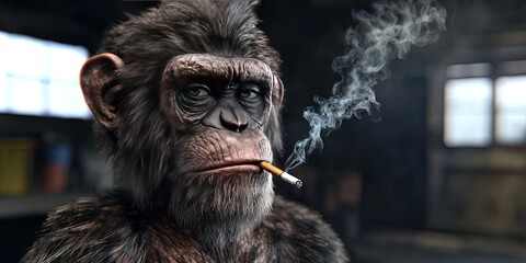 Obraz premium monkey smoking a cigarette standing in a dark garage