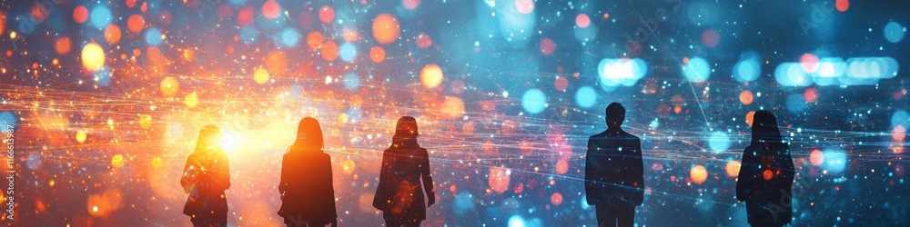 Aufkleber collaborative learning in abstract digital space with glowing data and silhouettes