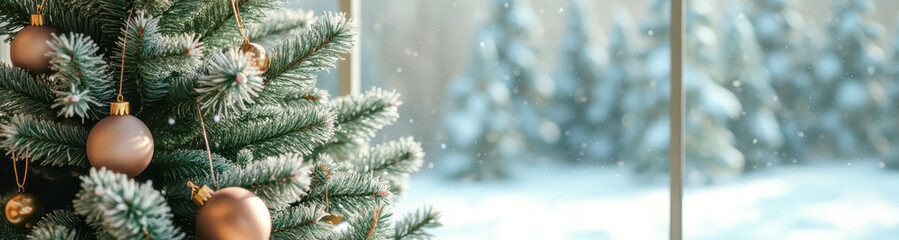 frosted evergreen tree with beige gold ornaments stands by a window overlooking a snowy landscape.