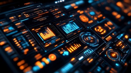 Futuristic digital interface with glowing HUD elements.