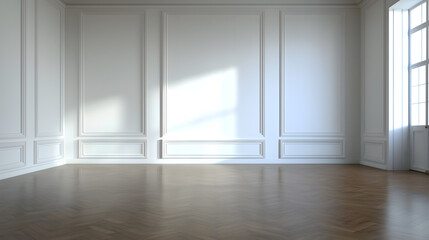 Fototapeta premium spacious room with smooth white walls and wooden floor, featuring faint geometric patterns. natural light creates serene atmosphere, perfect for various uses