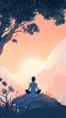 A minimal flat-style illustration of a person meditating outdoors, sitting under a tree with a serene expression, surrounded by soft, gradient colors and abstract nature elements, digital vector art