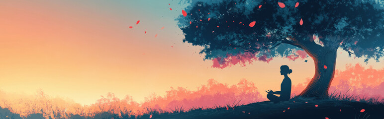 A minimal flat-style illustration of a person meditating outdoors, sitting under a tree with a serene expression, surrounded by soft, gradient colors and abstract nature elements, digital vector art